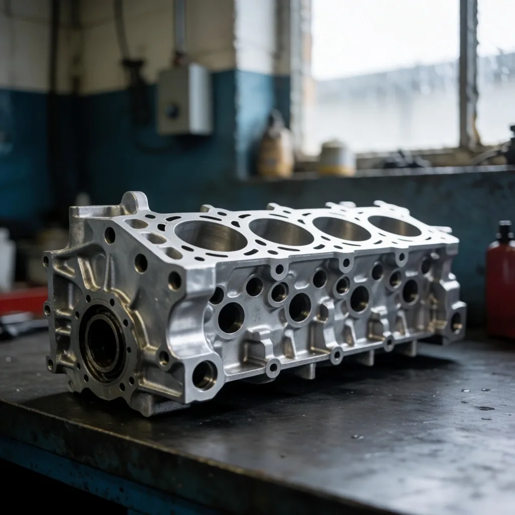 Componente de motor sobre banco de trabajo industrial