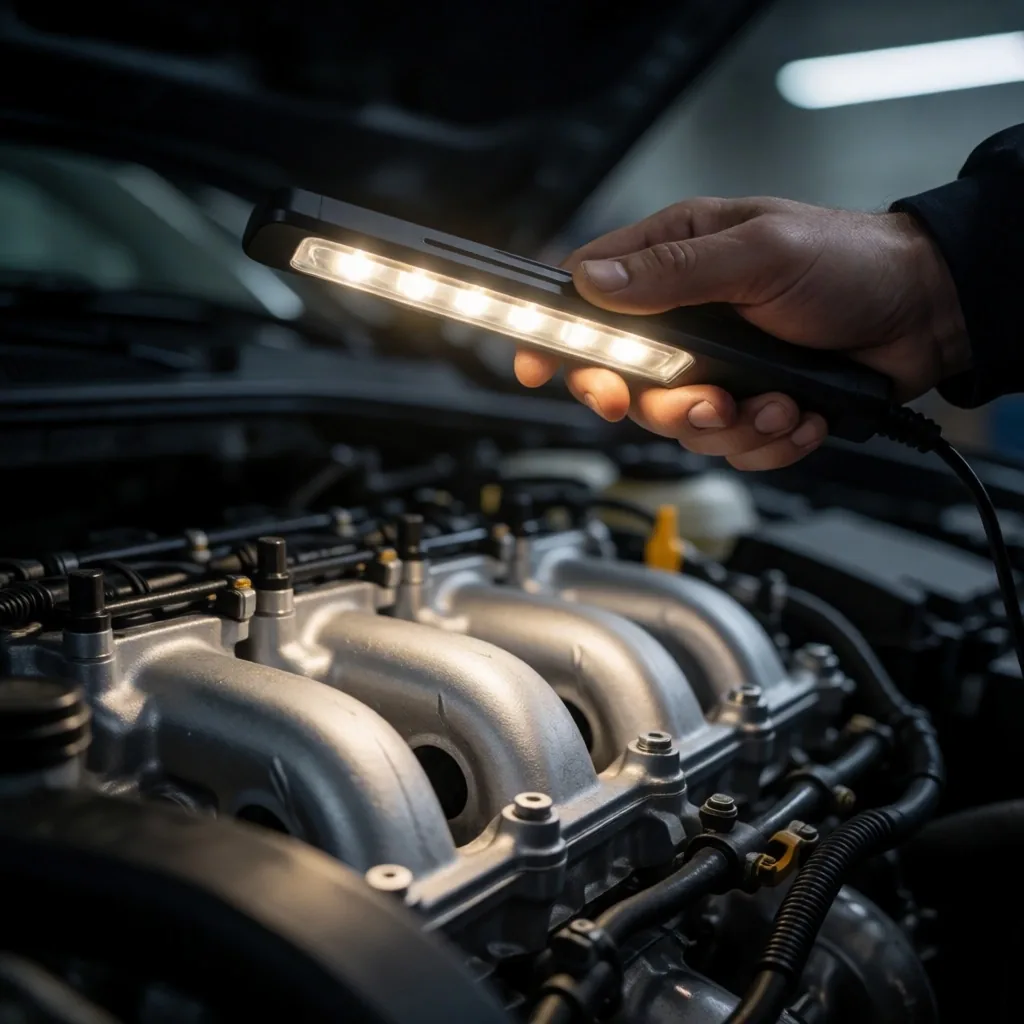 Inspección de un compartimento de motor con linterna