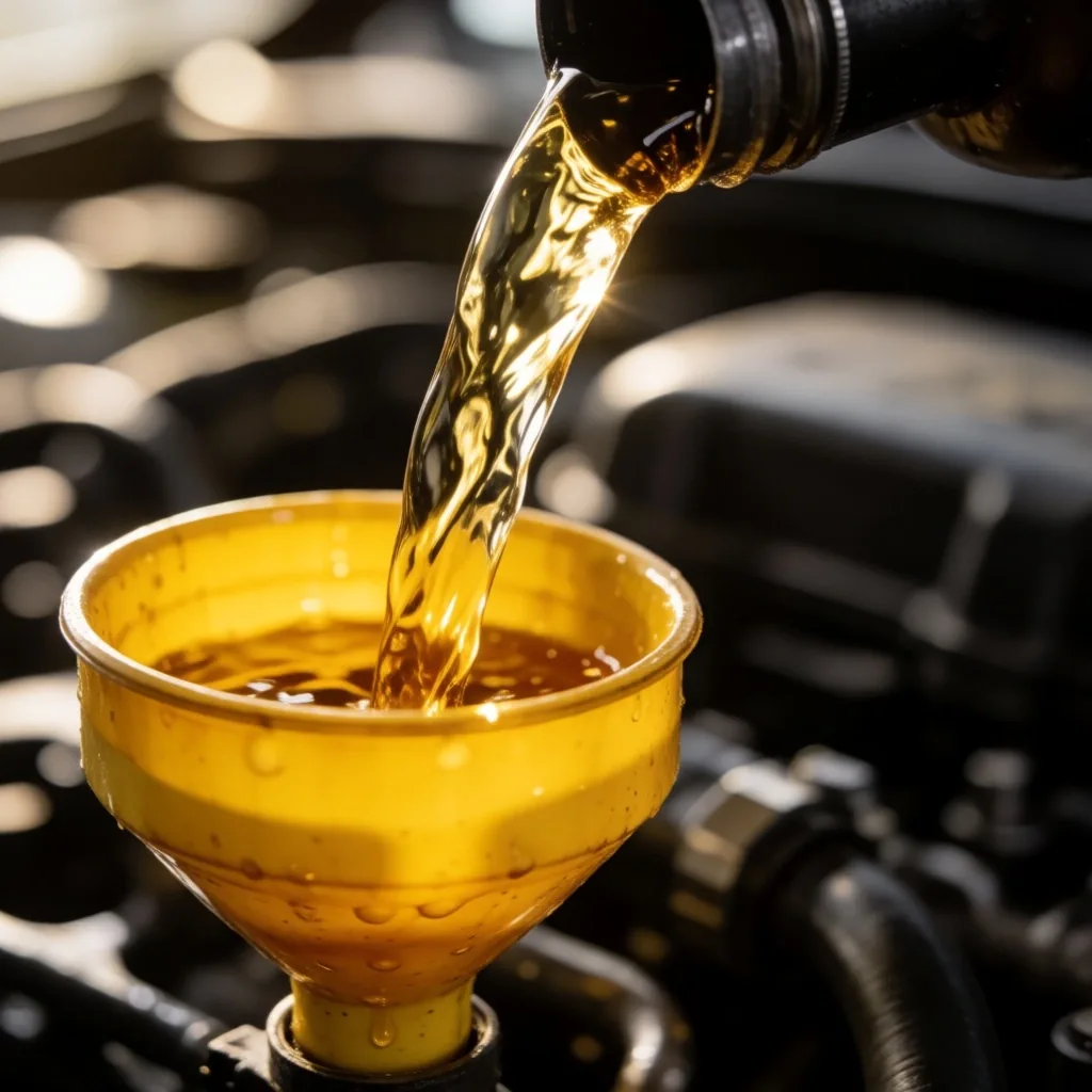 Aceite sintético de motor siendo vertido