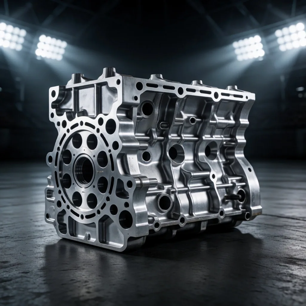 Bloque de motor de aluminio mecanizado sobre superficie de concreto oscuro bajo iluminación de estadio