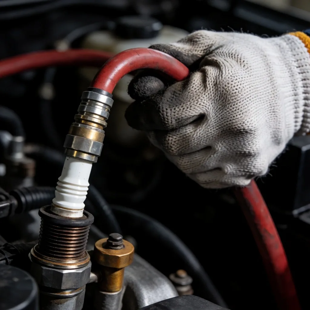 Bobinas de encendido y cables de alta tensión de bujías en un compartimento de motor oscuro