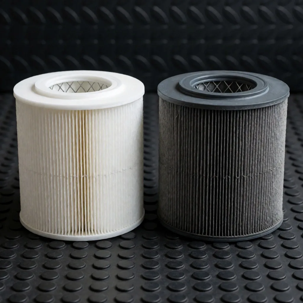 Filtro de aire de motor de papel plegado mostrando acumulación de polvo en una mitad y pliegues limpios en la otra
