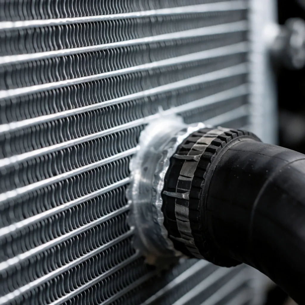 Núcleo de un radiador de vehículo con aletas de aluminio visibles y mangueras de refrigerante